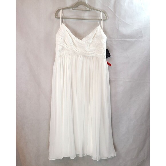 New MAC DUGGAL 2650 (XL) White Chiffon Spaghetti Strap Pleated Bodice Midi Dress - Picture 2 of 16